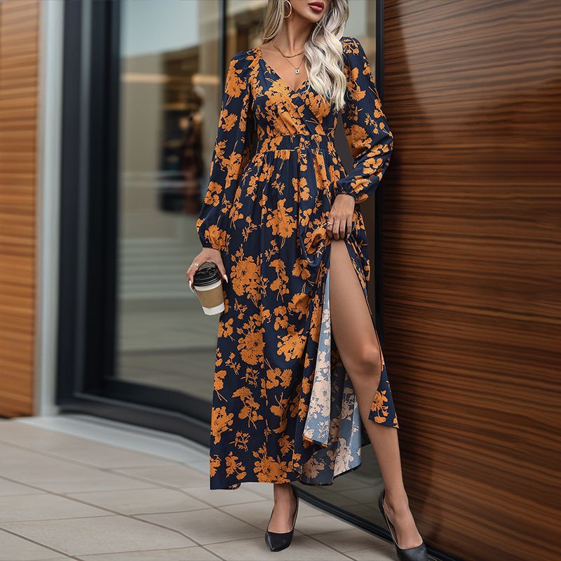 Damen Florales Maxikleid mit Wickel‑Dekolleté, Smock‑Taillenband und hohem Seitenschlitz Drune