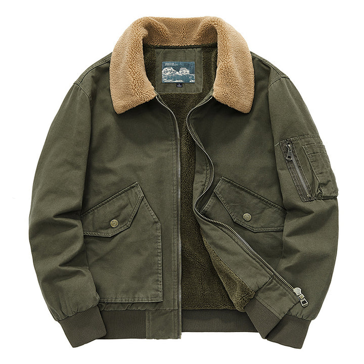 Men's  sherpa-lined cotton canvas aviator jacket with zip sleeve pocket Drune