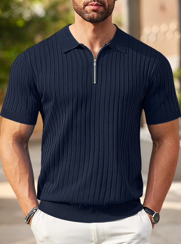 Herren nan elegantes strukturiertes Kurzarm-Strickpolo mit kurzem Metallreißverschluss und Hemdkragen Drune