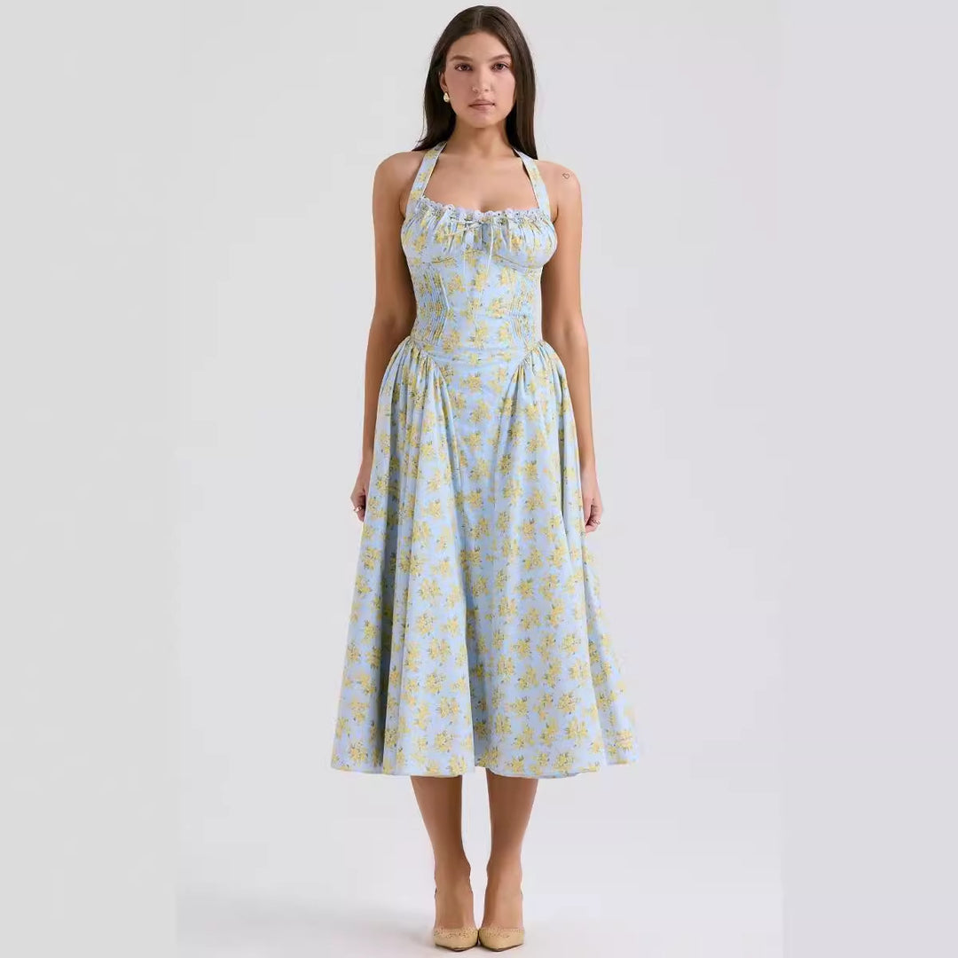 Damen Blumenkleid mit halterlosem Schnitt und elastischem Oberteil Drune