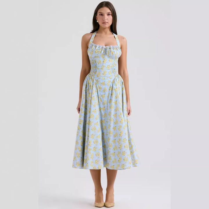 Damen Blumenkleid mit halterlosem Schnitt und elastischem Oberteil Drune