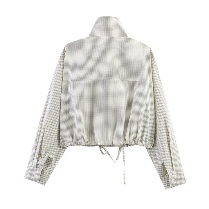 Damen Gekürzte karierte leichte Blousonjacke mit Stehkragen, Tunnelzugsaum und verdeckter Knopfleiste Drune