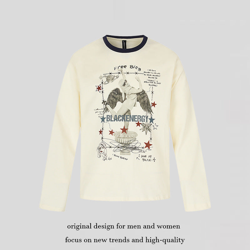 Damen Langarmshirt mit Vintage-Illustration, Kontrastkragen und Relaxed-Fit Drune
