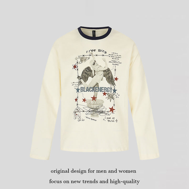 Damen Langarmshirt mit Vintage-Illustration, Kontrastkragen und Relaxed-Fit Drune