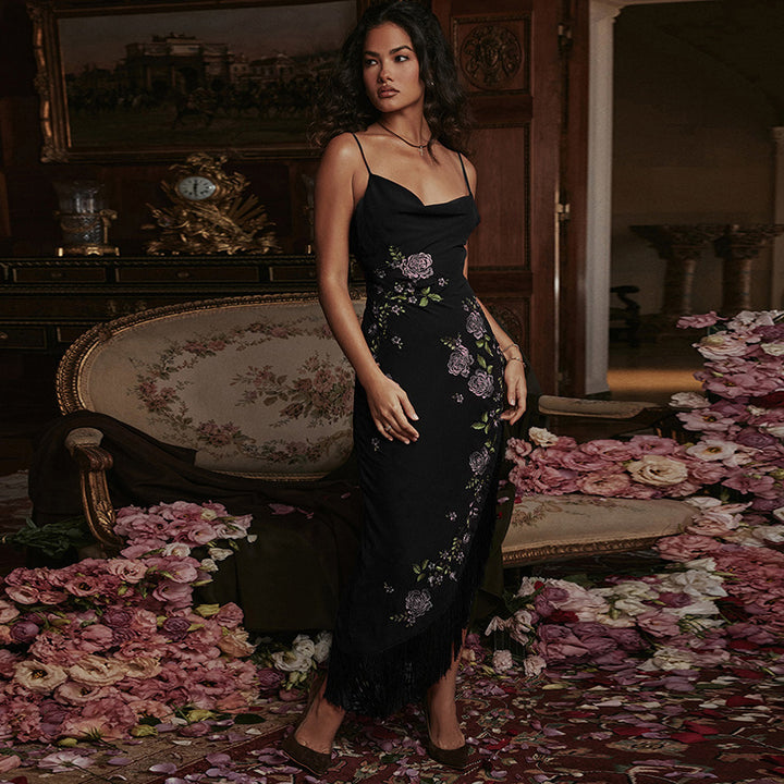 Damen elegantes Hochzeitskleid mit Blumenapplikationen und Fransen Drune