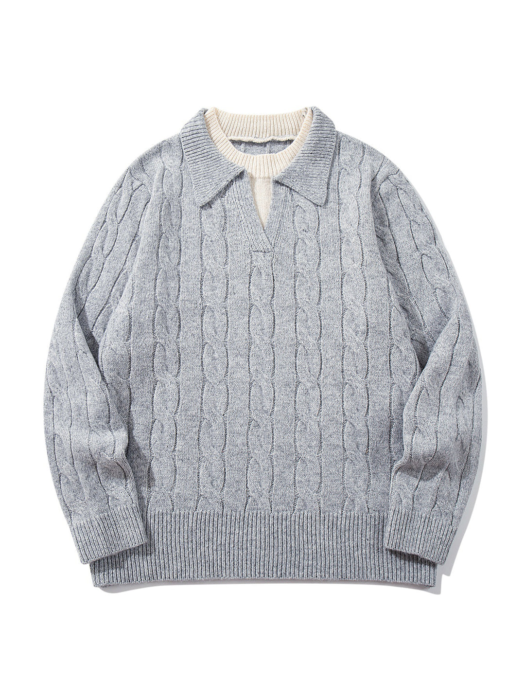 Unisex Strukturiertes Zopfstrick-Pullover mit Polokragen und tiefem V‑Ausschnitt Drune