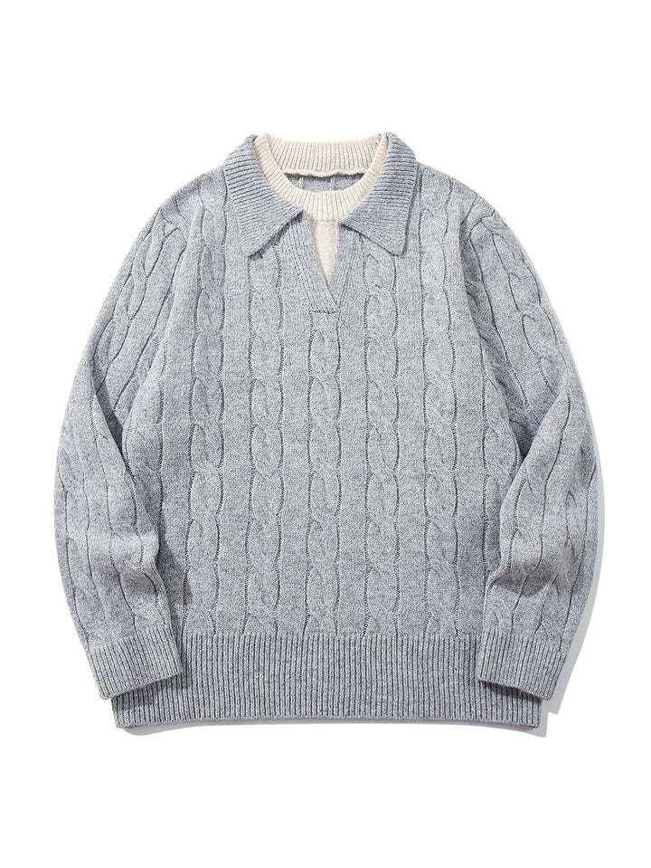 Unisex Strukturiertes Zopfstrick-Pullover mit Polokragen und tiefem V‑Ausschnitt Drune