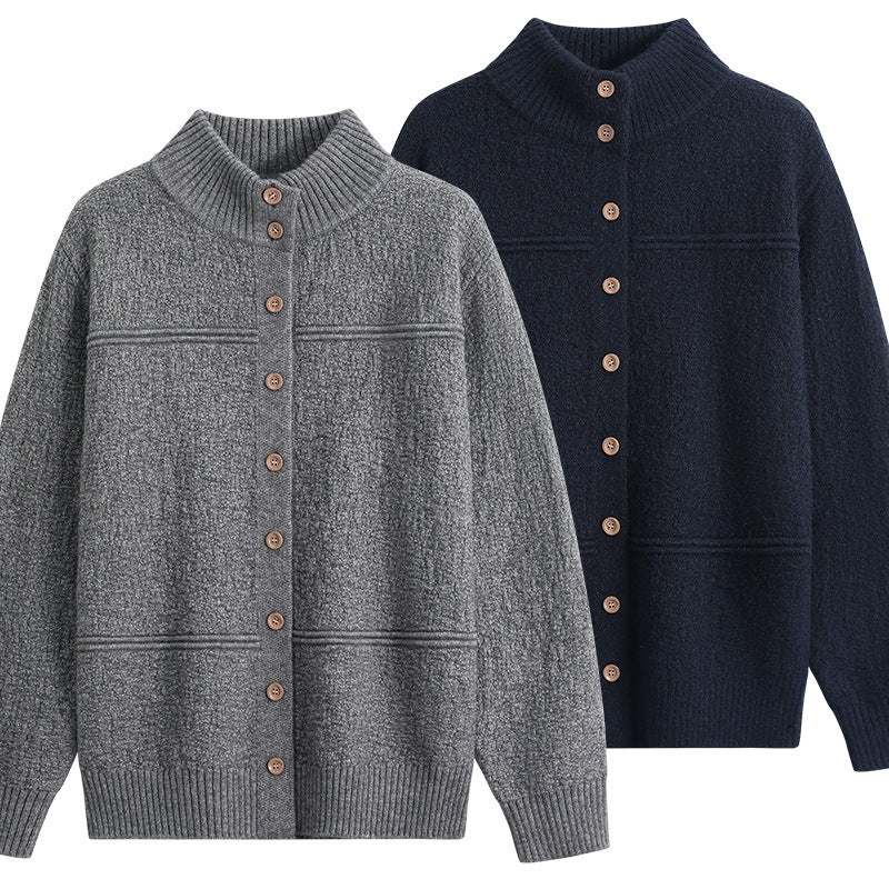 Damen Langer Oversize-Wollmix-Cardigan mit hohem Rippenkragen und Vintage-Knöpfen Drune