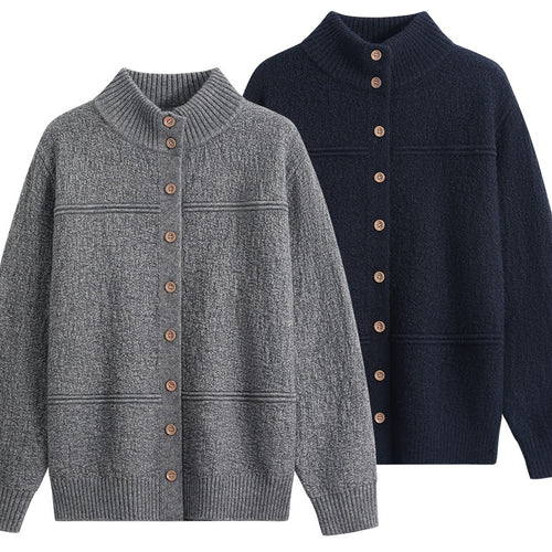 Damen Langer Oversize-Wollmix-Cardigan mit hohem Rippenkragen und Vintage-Knöpfen Drune