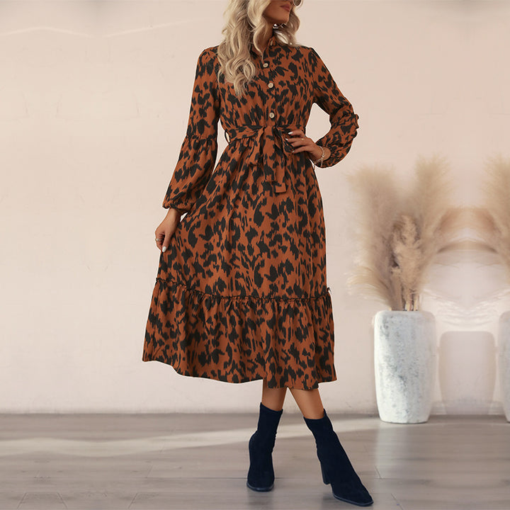 Damen Midi-Kleid mit Gürtel und floralen Akzenten Drune
