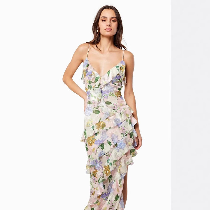 Damen Rüschenmaxikleid mit floralem Muster und tiefem Beinschlitz Drune