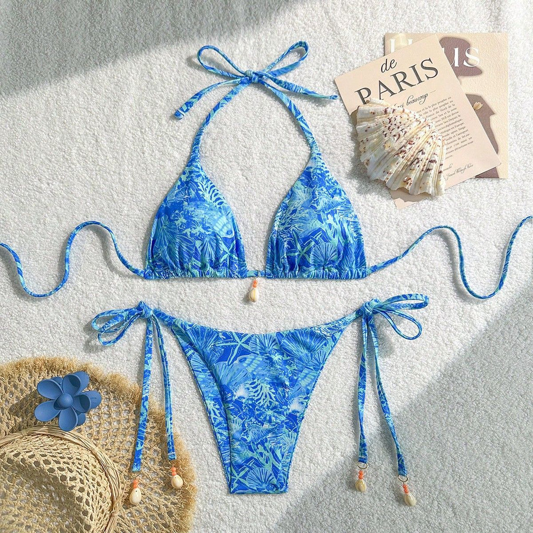 Damen Triangel-Bikini mit tropischem Muster und verspielten Bindebändern Drune