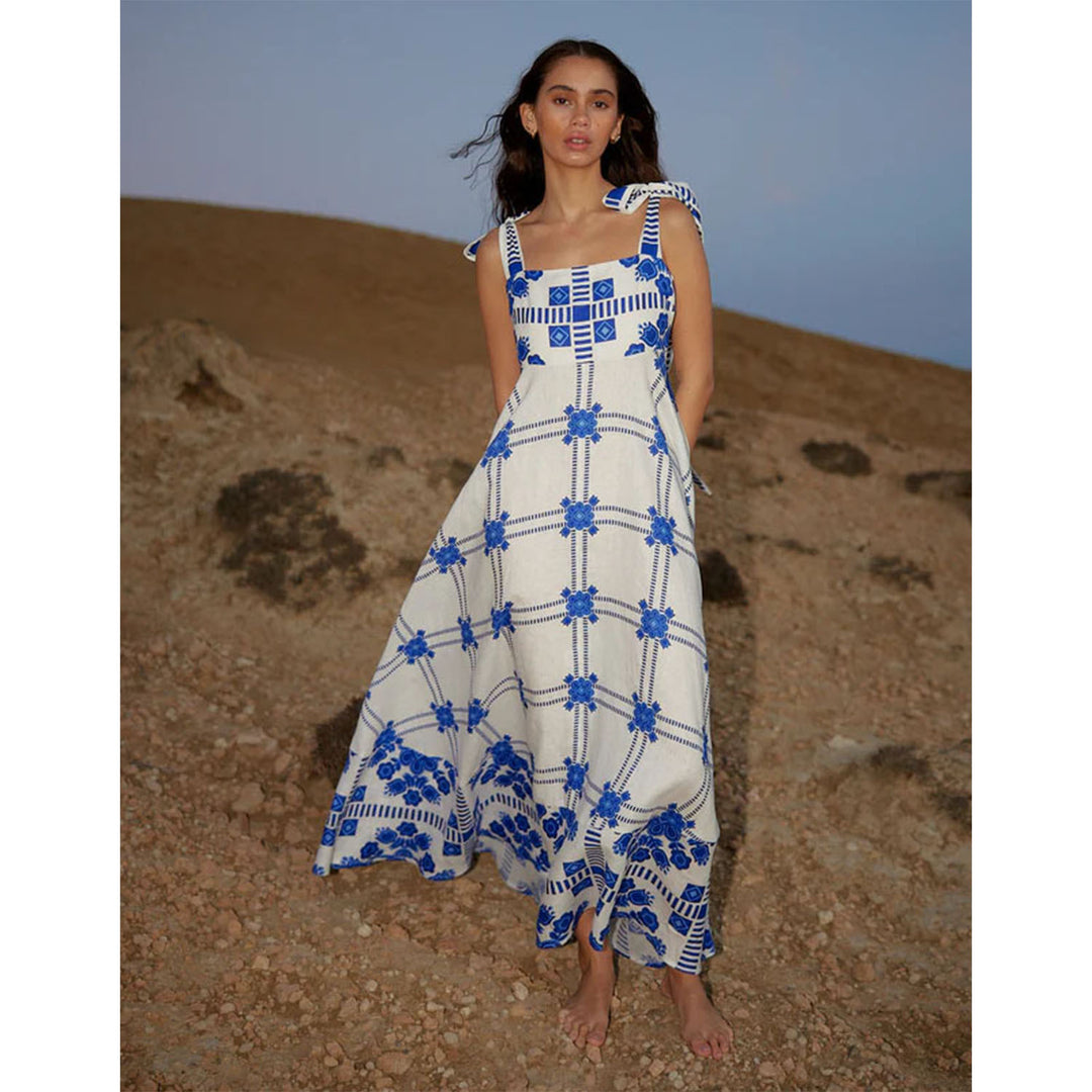 Damen Maxikleid mit verspieltem Karomuster und innovativen Trägerdetails Drune
