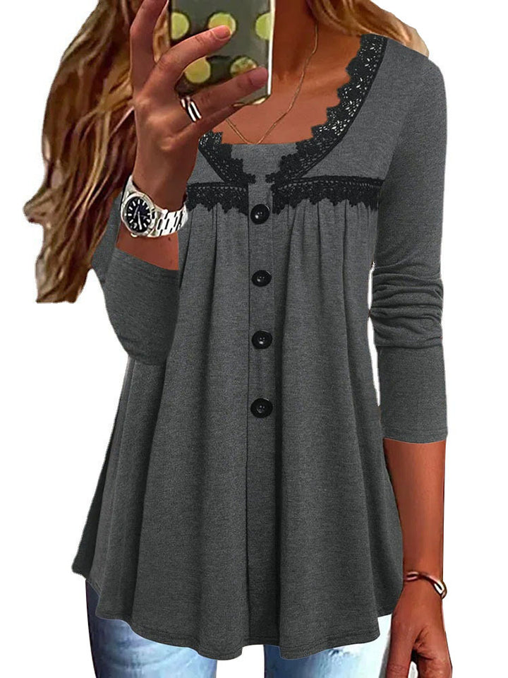Damen A-Linien Tunika-Shirt mit Knopfleiste, Spitzen‑YokDruneesatz und geraffter Empire‑Naht Drune