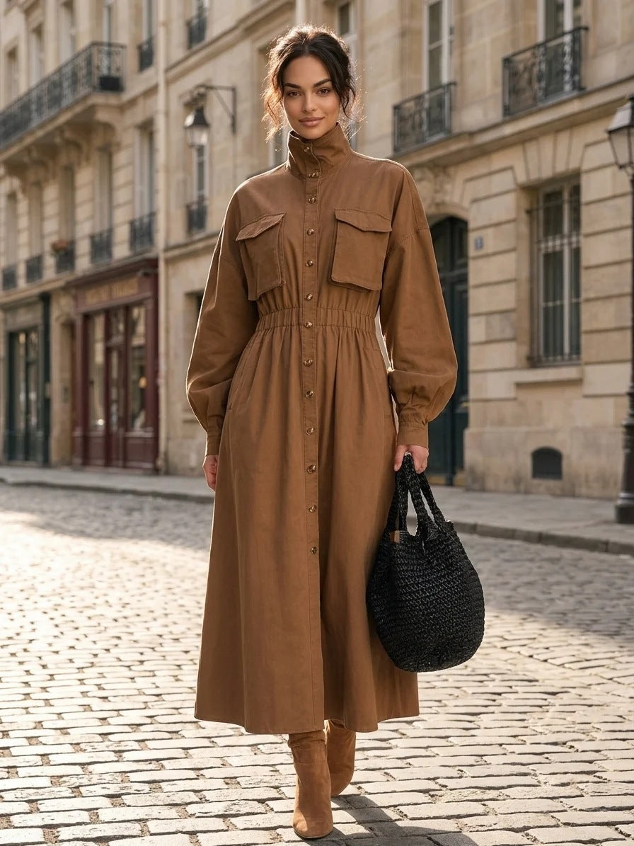Damen Elegantes Hemdkleid mit Taschen und Taillengürtel Drune