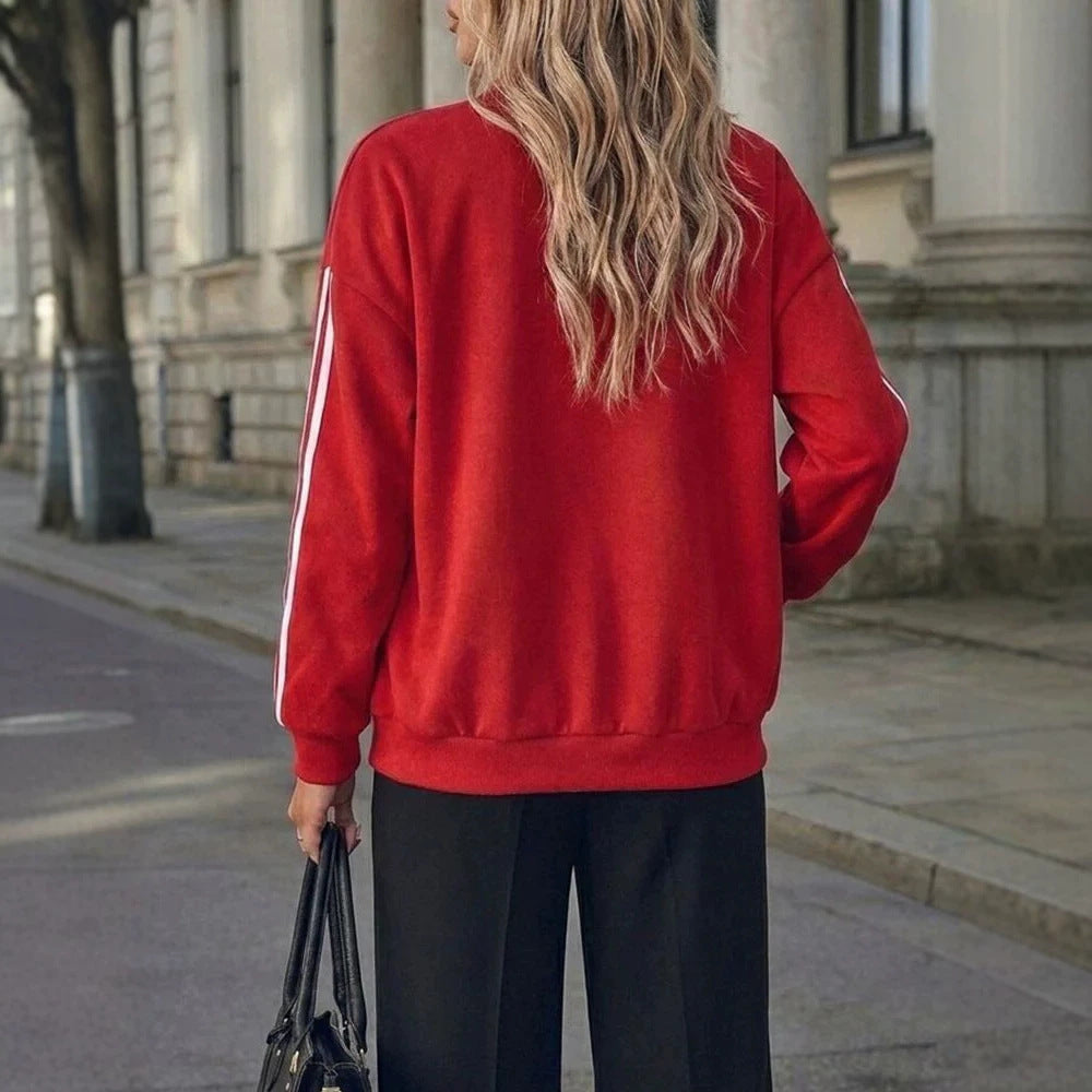 Damen Oversized Collegejacke mit Druckknopfleiste und kontrastierenden Streifenärmeln Drune