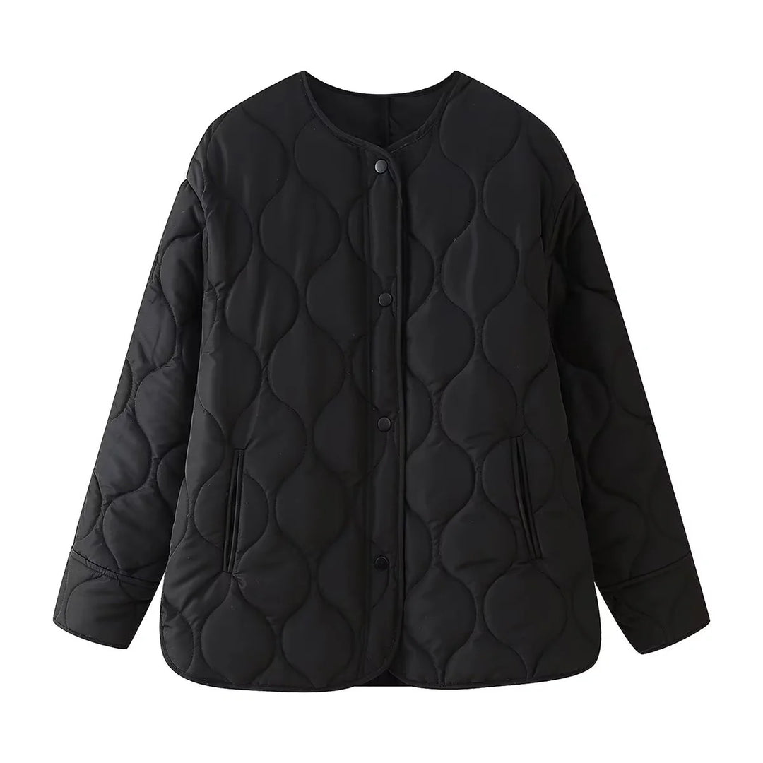 Damen nan leichte wattierte Liner-Jacke mit rundem Ausschnitt, organischer Wellensteppung und verdeckter Druckknopfleiste Drune