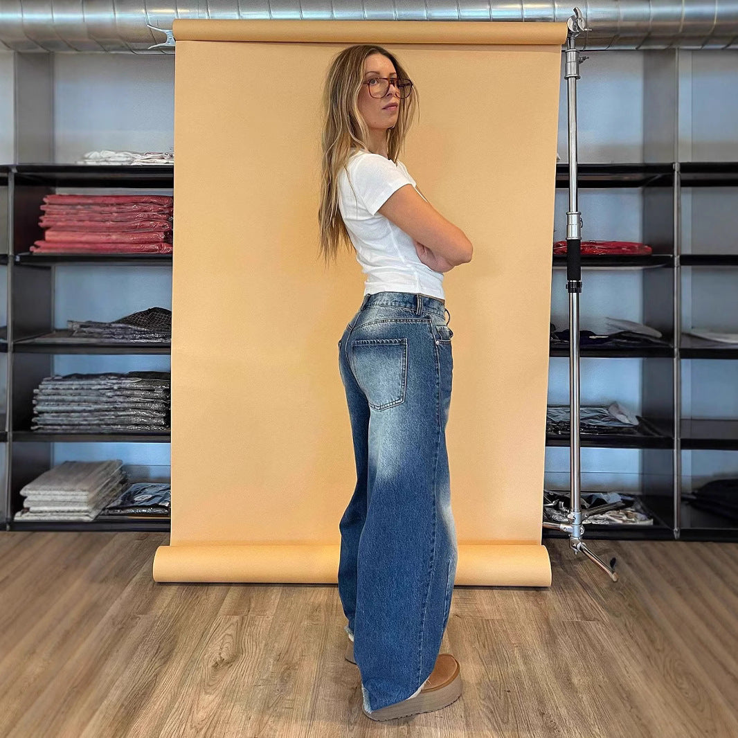 Damen modische weite Jeans mit einzigartigem Schnitt und hohem Bund Drune