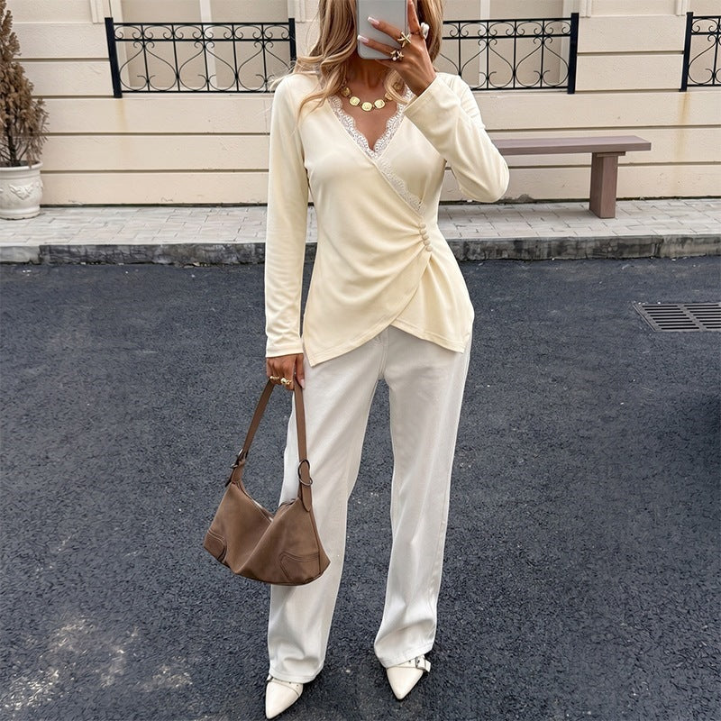 Damen Elegante Wickelbluse mit Spitzendetails Drune
