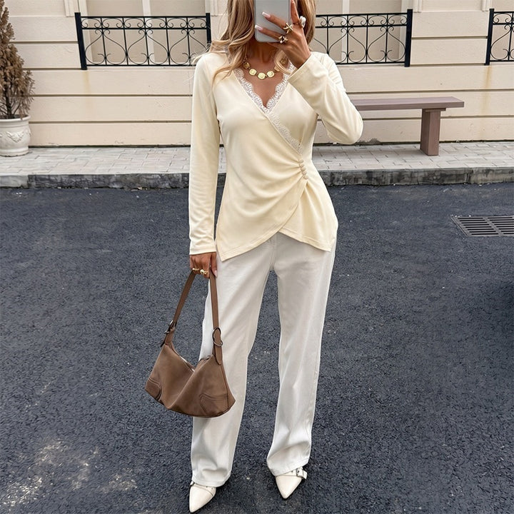 Damen Elegante Wickelbluse mit Spitzendetails Drune