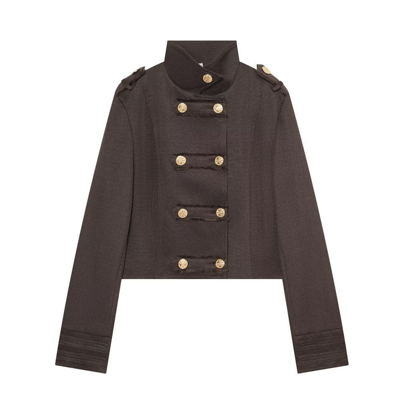 Damen Cropped Militärblazer mit Stehkragen, Epauletten und dekorativer Zierknopfleiste Drune