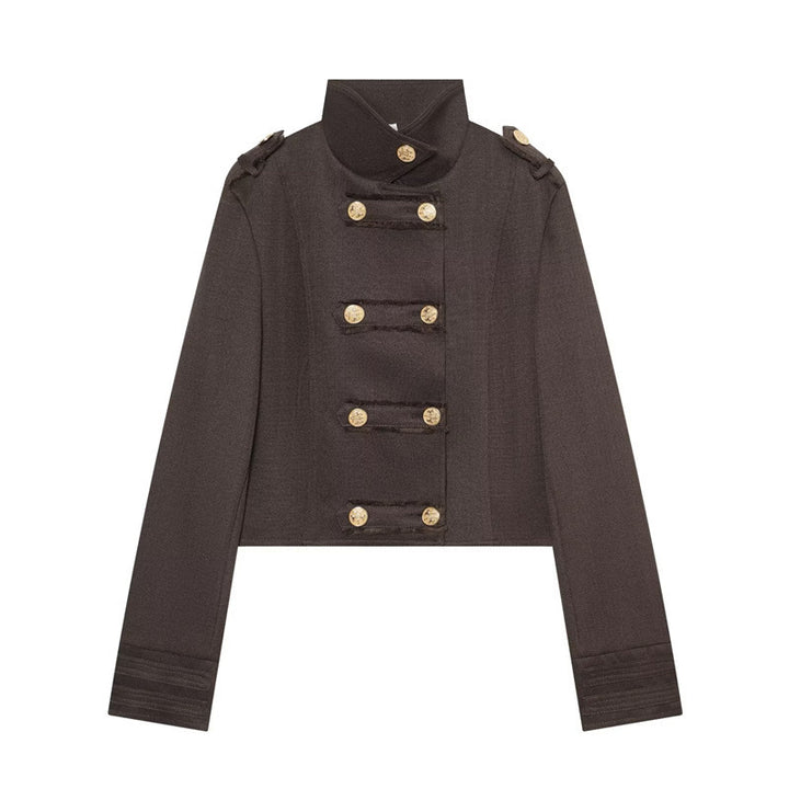 Damen Cropped Militärblazer mit Stehkragen, Epauletten und dekorativer Zierknopfleiste Drune