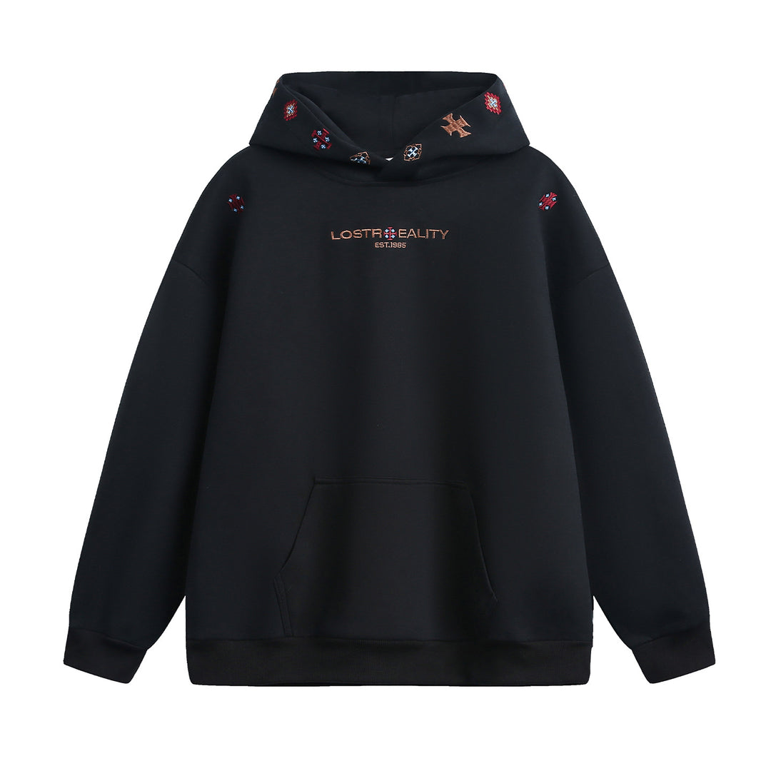 Unisex Oversize Kapuzenpullover mit feiner Logo- und Motivstickerei sowie Kängurutasche Drune