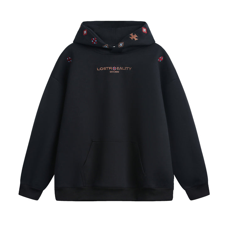 Unisex Oversize Kapuzenpullover mit feiner Logo- und Motivstickerei sowie Kängurutasche Drune