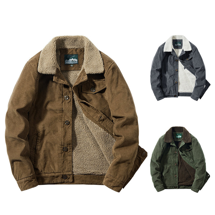 Herren Cordjacke mit wärmender Sherpa‑Innenseite und Teddykragen im Worker‑Blouson‑Stil Drune