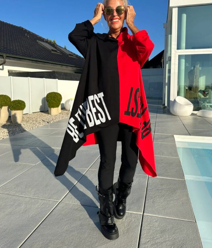 Damen nan weit geschnittener Kapuzenponcho mit asymmetrischem Zipfelsaum und großflächigem Statement-Print Drune