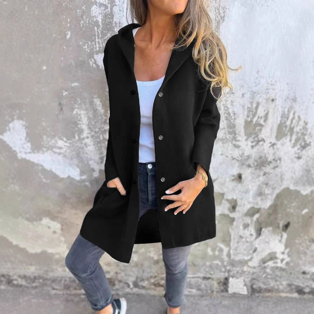 Damen Langer Kapuzen-Cardigan mit Druckknopfleiste, Eingrifftaschen und legerer Silhouette Drune