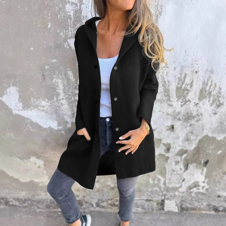 Damen Langer Kapuzenmantel aus weichem Sweat mit Druckknopfverschluss und seitlichen Eingrifftaschen Drune