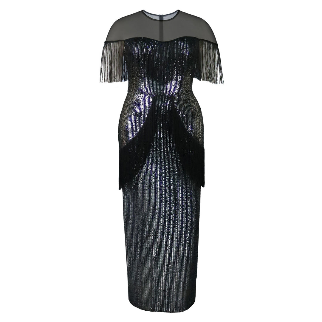 Damen glamouröses Abendkleid mit Fransen und Glitzer-Details Drune