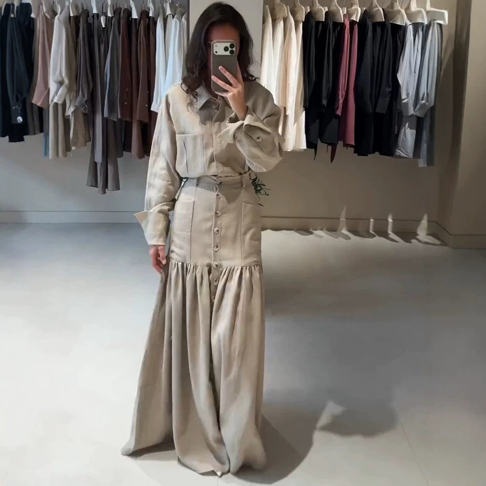 Damen Zweiteiliges Oversize-Hemd und Maxirock-Set mit hoher Taille & durchgehender Knopfleiste Drune