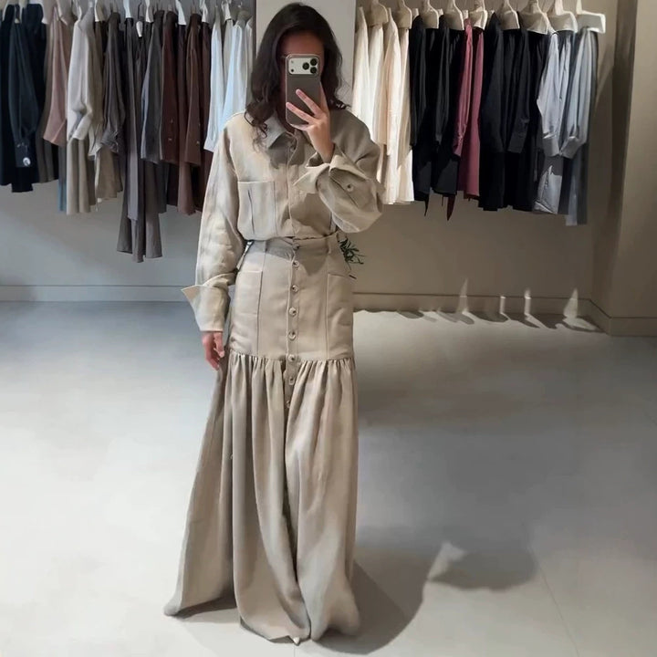 Damen Zweiteiliges Oversize-Hemd und Maxirock-Set mit hoher Taille & durchgehender Knopfleiste Drune