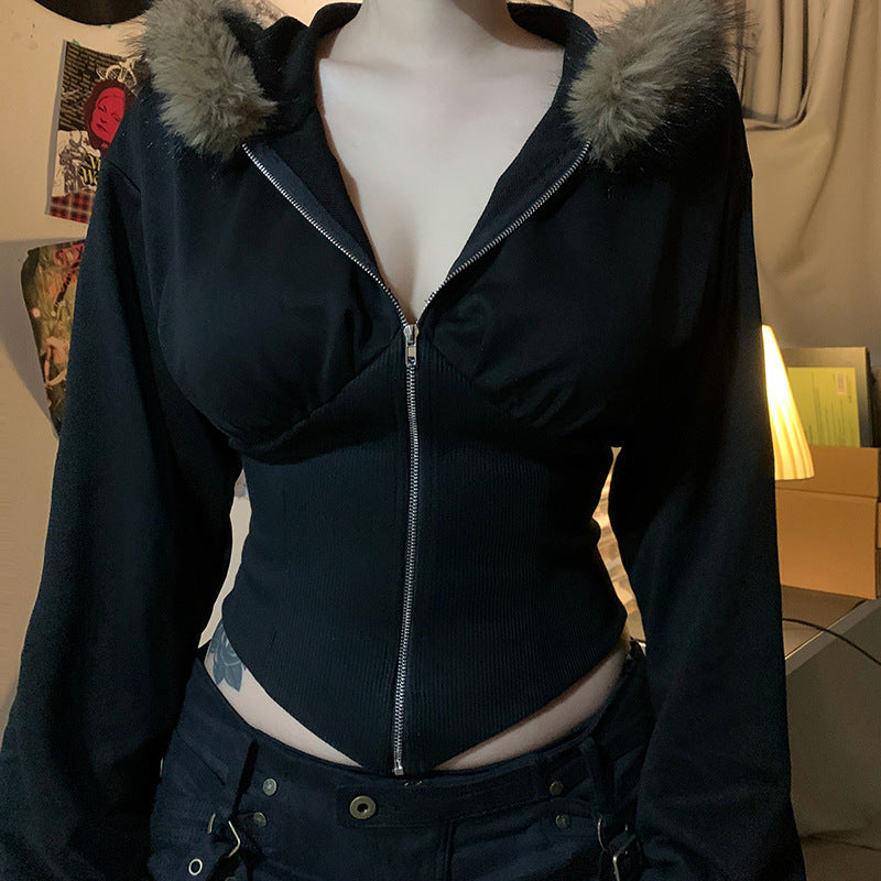 Damen Kurzgeschnittene Kapuzenjacke mit figurformender Rippen‑Corsage und durchgehendem Reißverschluss Drune
