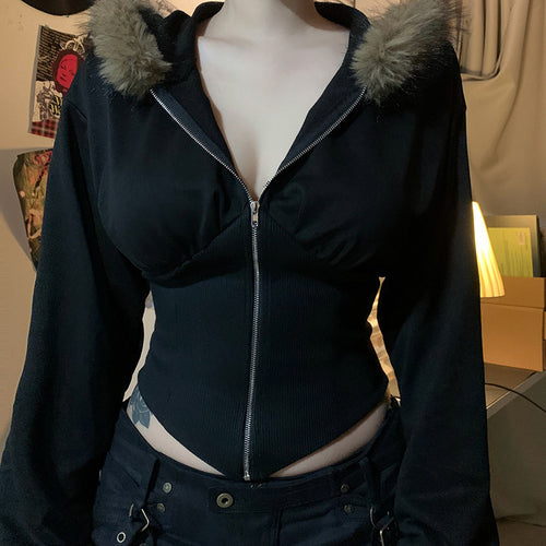 Damen Kurzgeschnittene Kapuzenjacke mit figurformender Rippen‑Corsage und durchgehendem Reißverschluss Drune