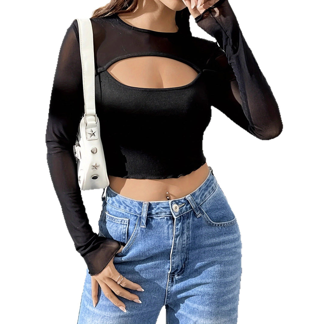 Damen nan Lagen-Crop-Top mit Brust-Cut-Out, Bustier-Innenlage und transparenten Langärmeln Drune