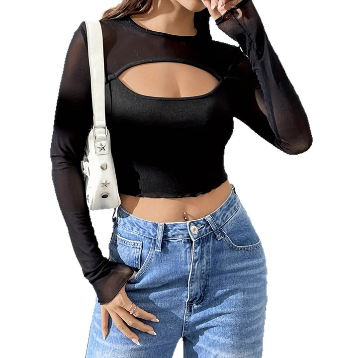 Damen nan Lagen-Crop-Top mit Brust-Cut-Out, Bustier-Innenlage und transparenten Langärmeln Drune