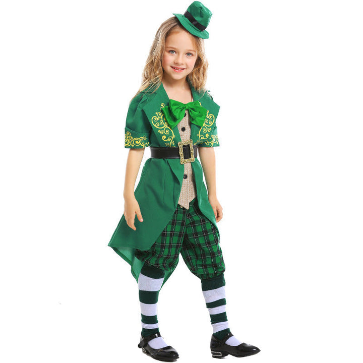 Mädchen Kostüm als irischer Leprechaun mit Hut und Schürze Drune