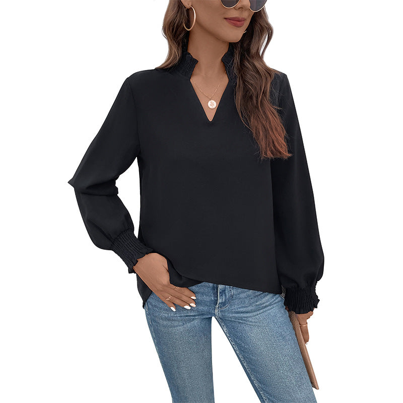 Damen Lockeres V-Ausschnitt-Blusenshirt mit Smokmanschetten und geradem Saum Drune