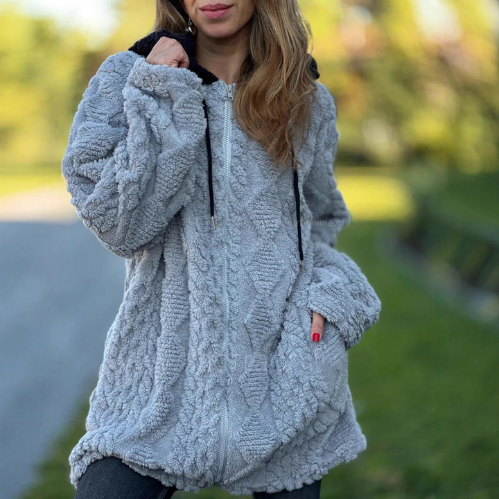 Damen nan oversized Teddy-Manteljacke mit Kontrastkapuze, Reißverschluss und Eingrifftaschen Drune