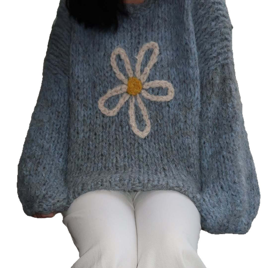Damen lässiger Strickpullover mit floralem Motiv und oversized Schnitt Drune
