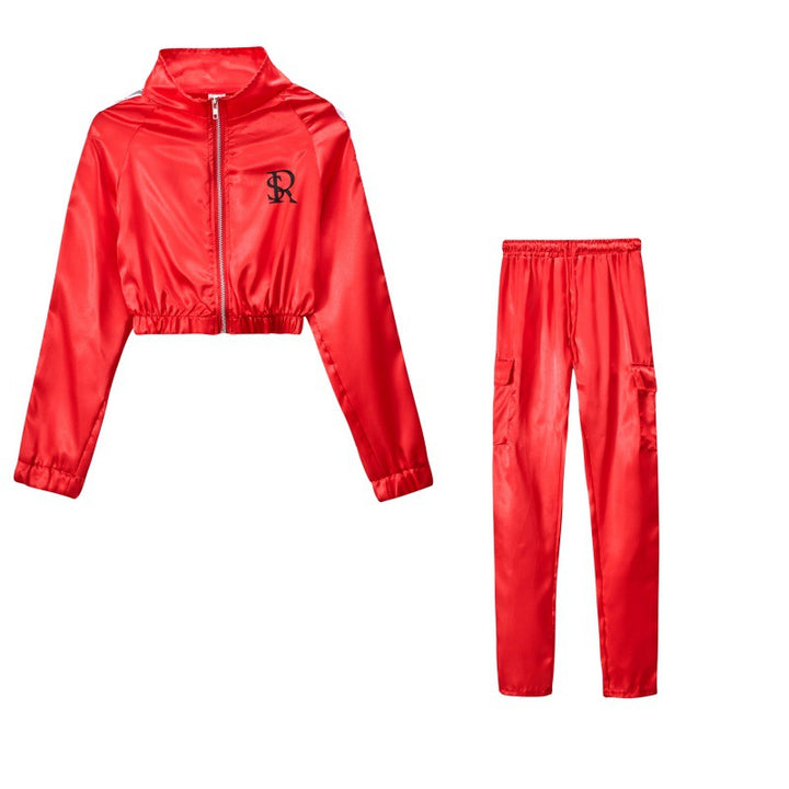 Damen Sportliches Trainingsanzug-Set mit cropped Jacke und Jogginghose Drune