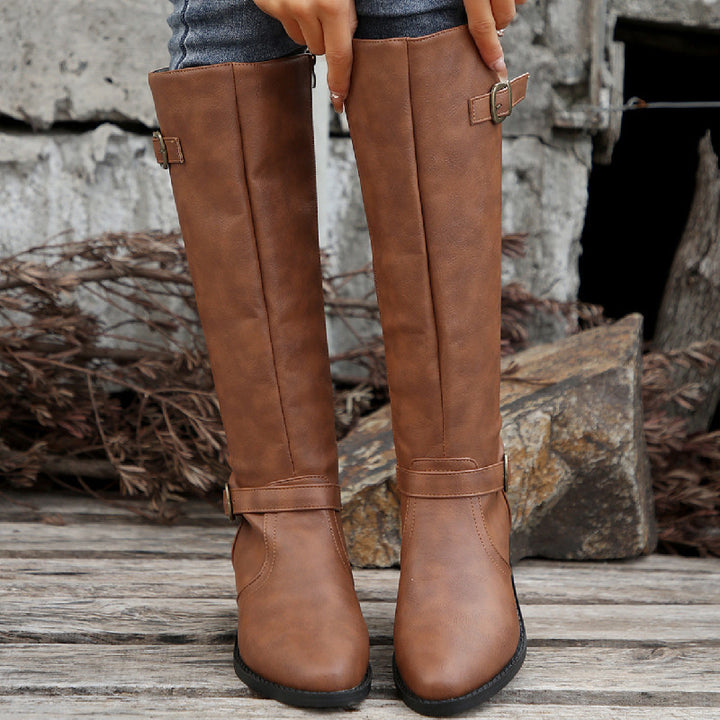 Damen  kniehohe Stiefel in Lederoptik mit seitlichem Reißverschluss und Zierschnalle Drune