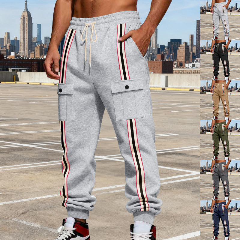 Herren Cargo-Jogginghose im Urban-Streetwear-Look mit Kontraststreifen und Klappentaschen Drune