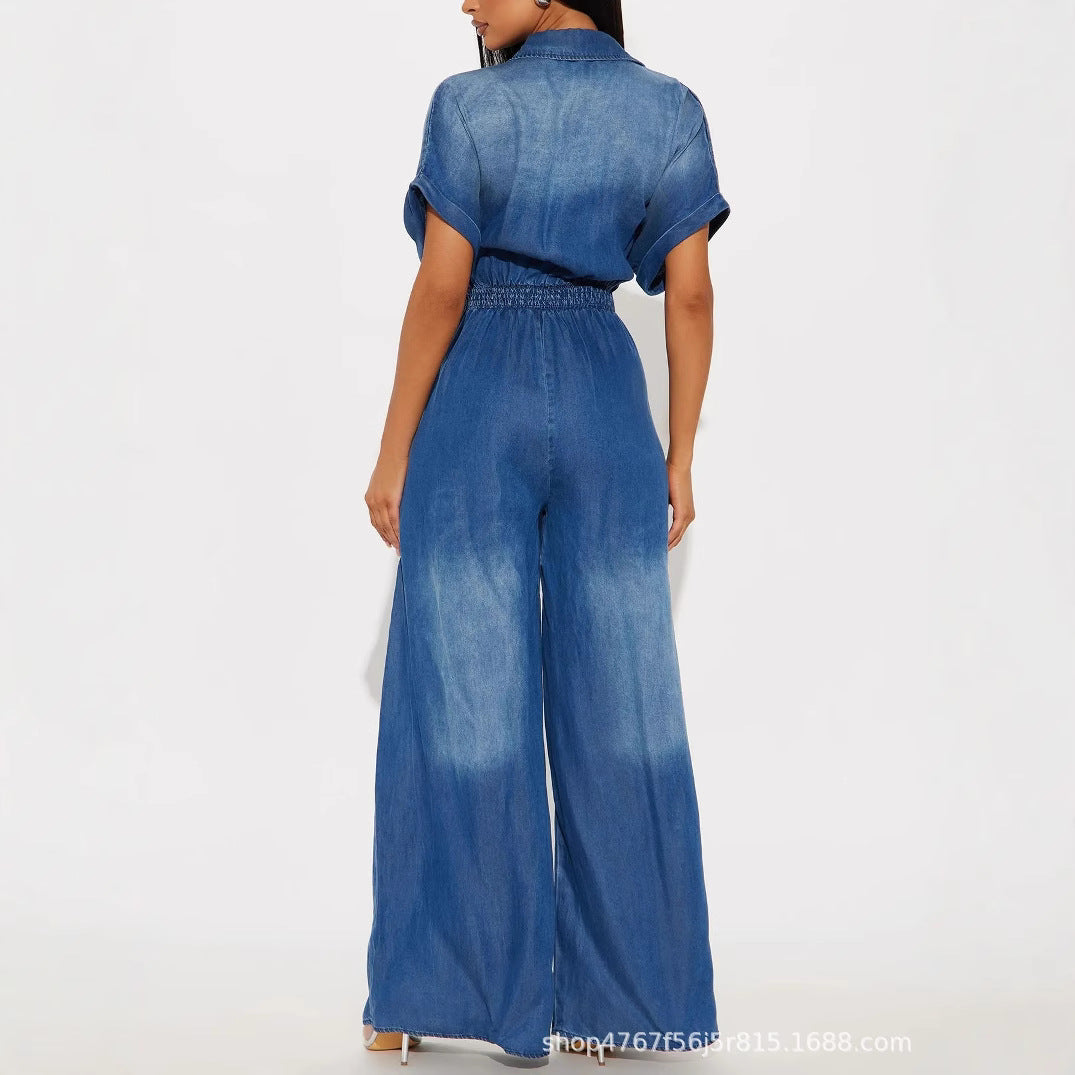 Damen lässiger Denim-Overall mit weitem Bein und praktischen Taschen Drune