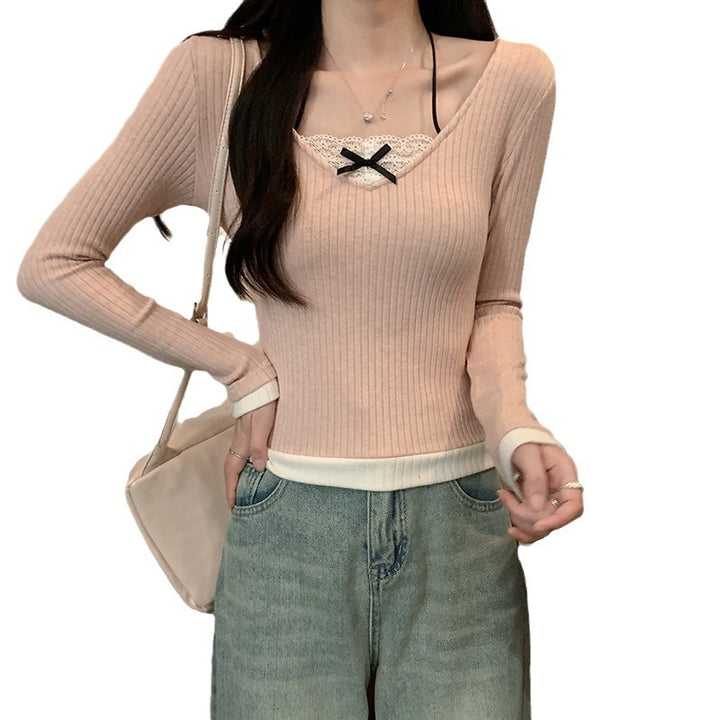 Damen Langarmshirt mit V-Ausschnitt und Spitzenakzenten Drune
