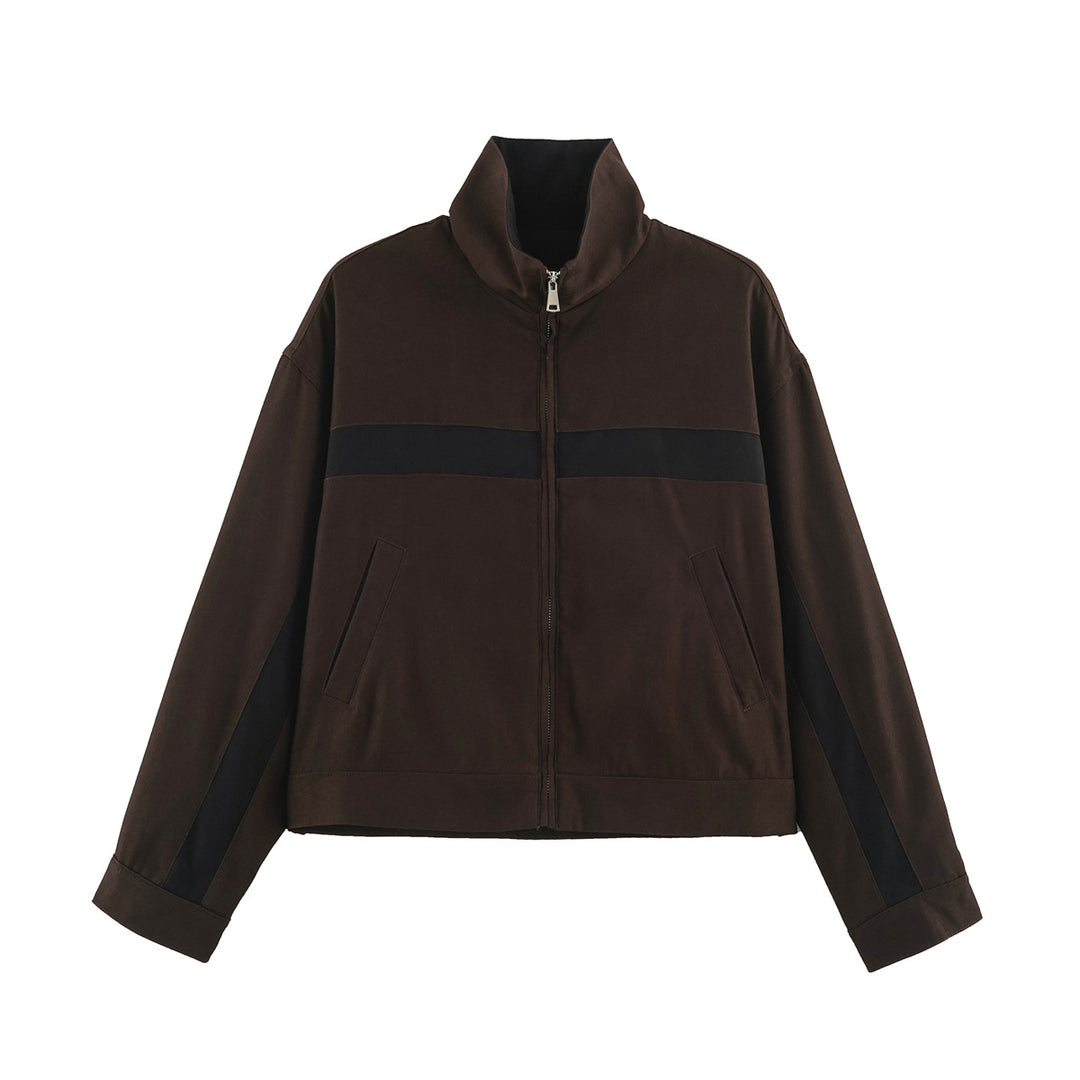 Unisex Kurz geschnittene Trackjacke mit Stehkragen, Kontraststreifen und Reißverschluss Drune