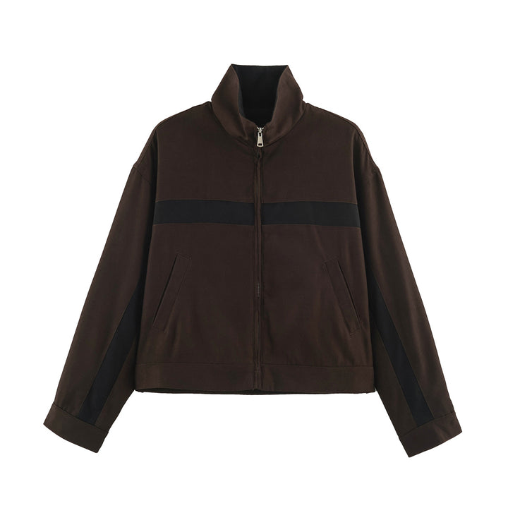 Unisex Kurz geschnittene Trackjacke mit Stehkragen, Kontraststreifen und Reißverschluss Drune